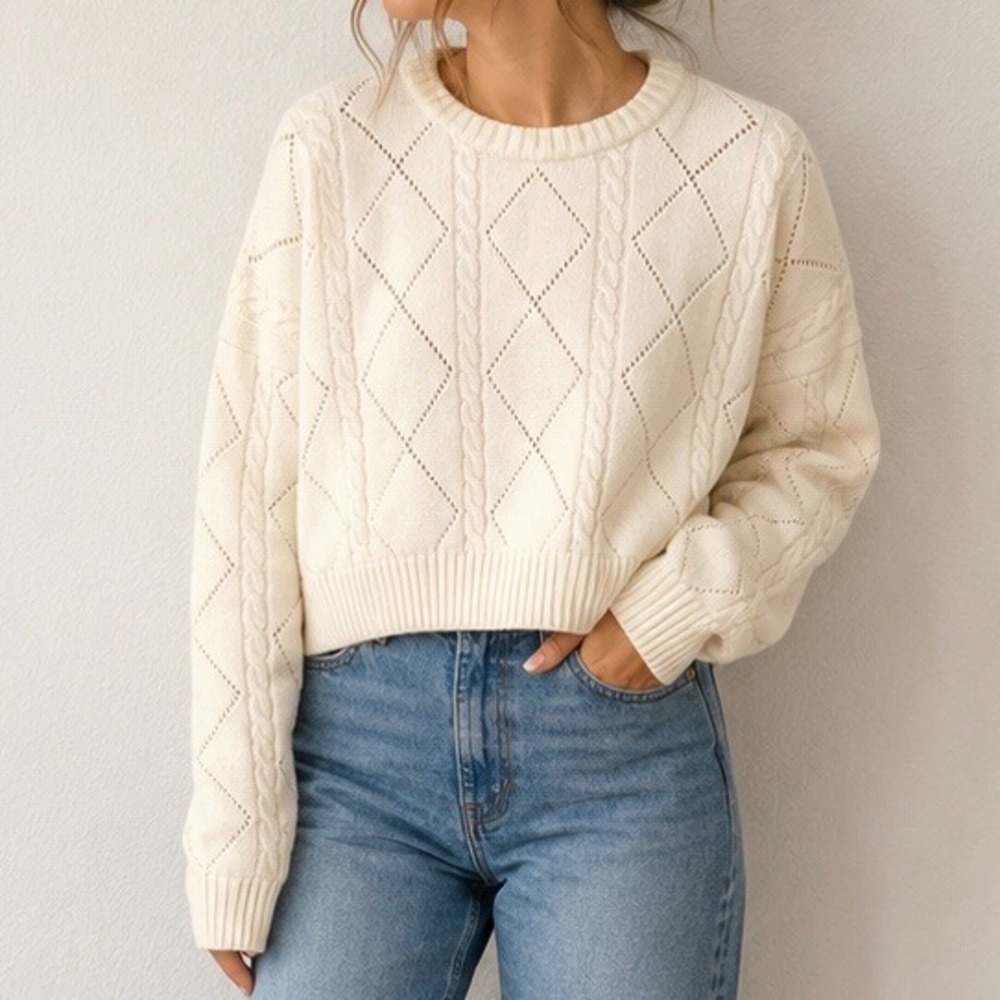 Sunday Best Aritzia Cream Cable Knit Diamond Pointelle Cropped Sweater Large
